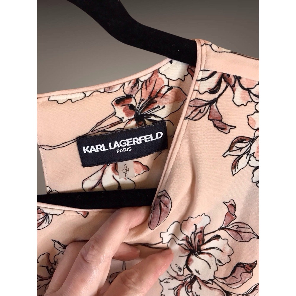 KARL LAGERFELD Blush Pink Floral Short Layered Sleeve Blouse‎ Shirt Sz Small EUC - Picture 2 of 5
